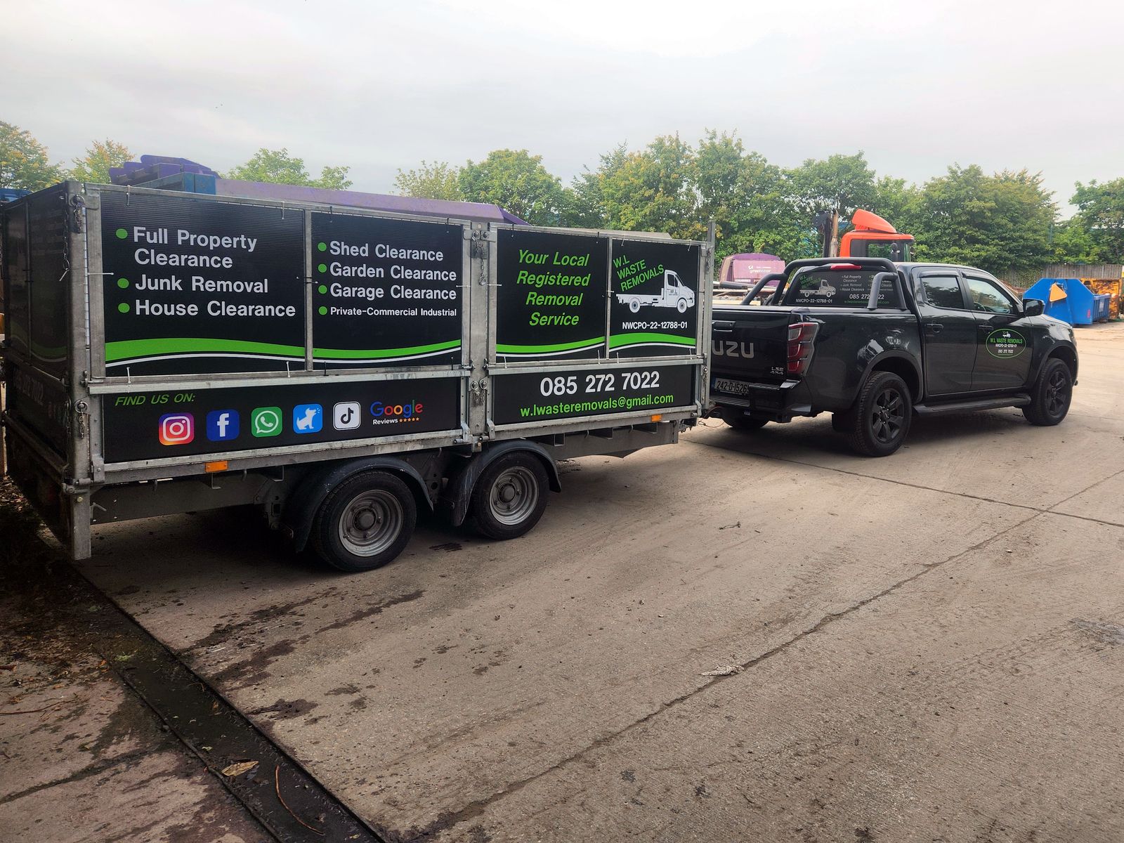 W.L Waste Removals trailer signage listing full property, junk, house, shed, garden and garage clearance
